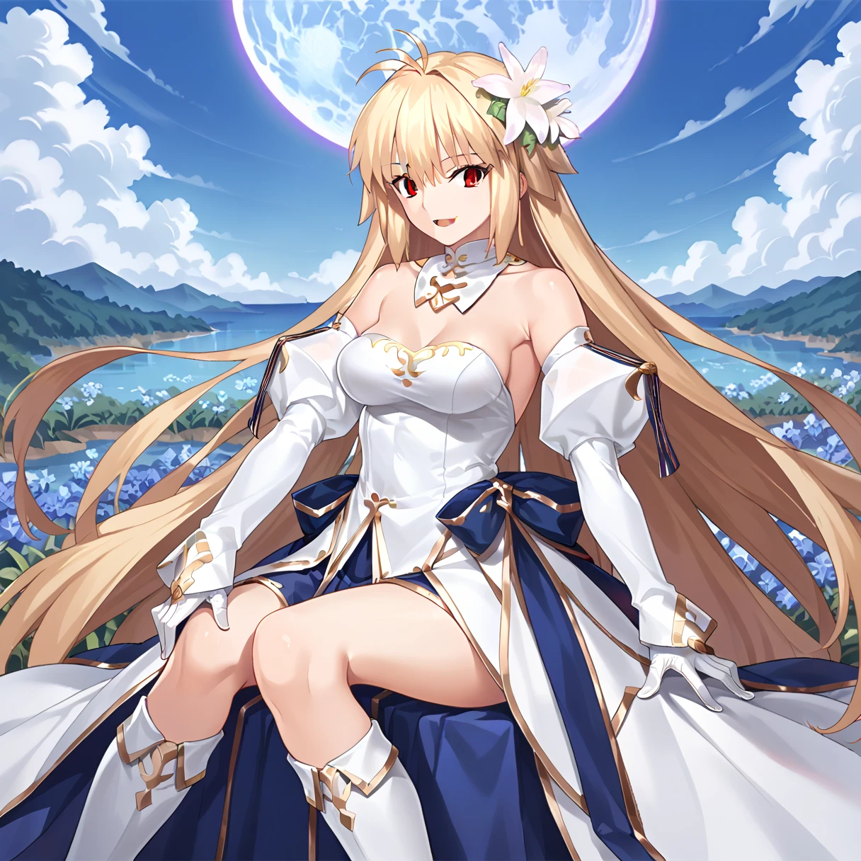  1 girl , Alone, arc_1,  long hair,  red eyes, slit pupils, very  long hair,   antenna hair, bangs,  hair intakes,   dress, Separate sleeves, chest,  gloves, Blonde, Bare shoulders, Blonde,  clevis on a stone,   detached color , white  gloves, strapless  dress, white  dress,   blue skirt,  Gold Trim , Flower Field, ( sitting:1.2),  (At the scene :1.2),  Full Moon ,   knight ,   knight  sky, smile, ( holding her knee:1.2),  watching viewers against a tropical island in the background,
score_9, score_8_up, score_7_up, masterpiece,
