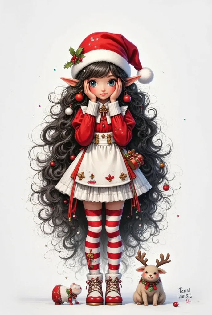 ( in the style of Santiago Caruso:1.1),  Character Concept Design  , cowboys shoot ,
 (red shrug  (clothing)),(Maid Miniskirt ),( Oversized Santa Hat  :2.0)(Head tilt, Blushing face:1.7),(Retro style:1.3),  grey background,Cover your eyes with your hands,
 separations
1 girl ，Alone，,(  Black Incredibly Long Hair ,Big Hair:1.4),(Long hair :1.4), (Small chest:1.5), Wide hips,
