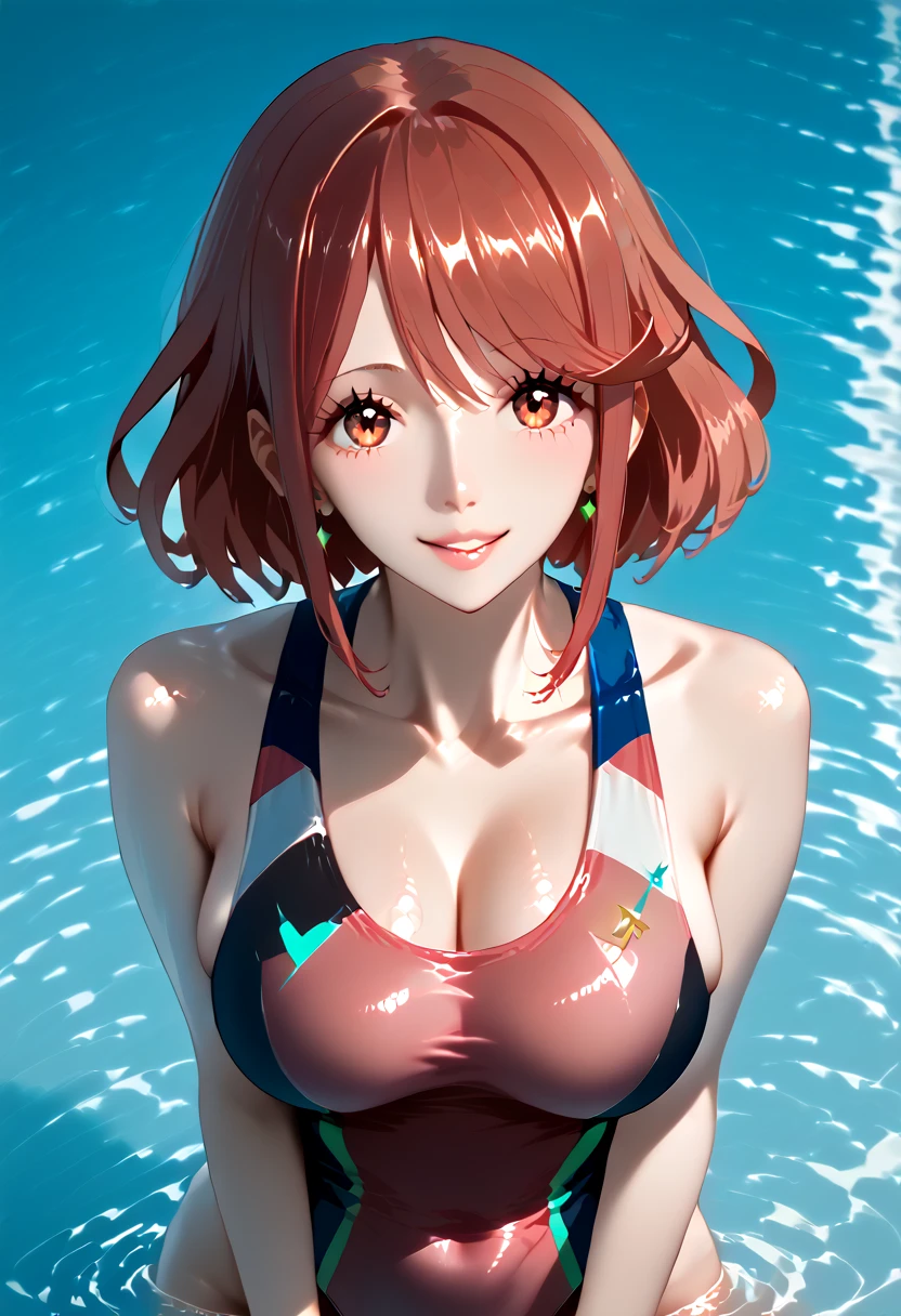 best quality, masterpiece, high resolution, super detailed skin, perfect anatomy, beautiful detailed eyes, pyra \(xenoblade\), 1girl, red hair, short hair, swept bangs, bob cut, red eyes, looking up, Outstanding smile、 teenage girl、huge breasts, deep cleavage, Shiny skin、sexy pose, (Competition swimwear:1.5), (One piece swimsuit:1.2), (High leg swimsuit:1.2), (Reflection of light:1.4), High leg panties, (one-piece swimsuit pull)