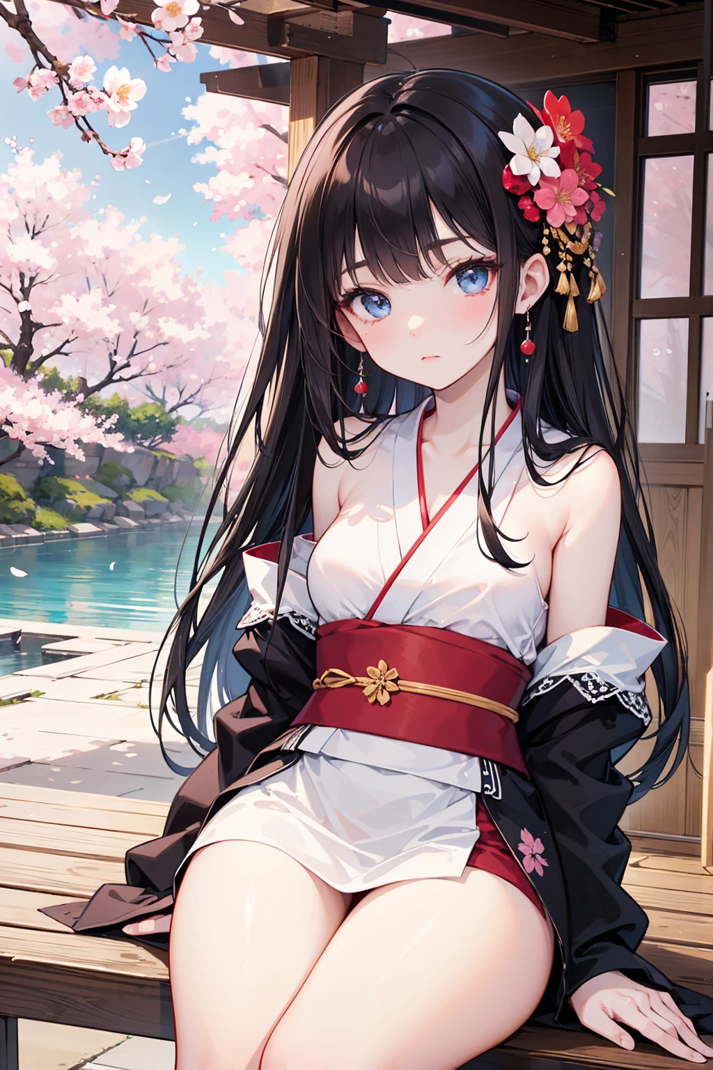 (Super beautiful woman in kimono)、((highest quality、8K masterpiece:1.3))、sharp focus:1.2、(super beautiful face:1.0)、(shiny skin:1.0)、realistic pictures、black hair、video writing、High resolution eyes and face、video writing、japanese actress、from the front、Medium chest、with a happy smile、The beauty of slender abs、whole body、wearing a kimono、cherry blossom in full bloom、luxury obi