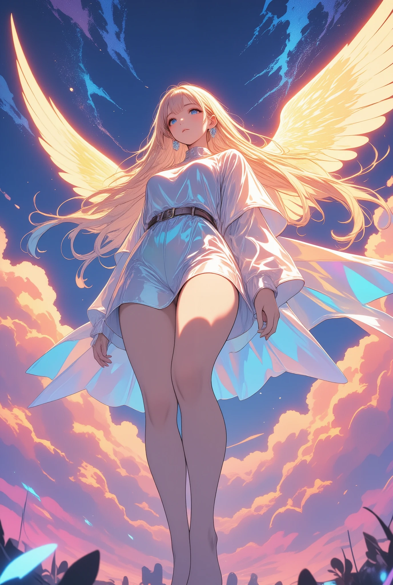 Anime - style image of a woman with long blonde hair and angel wings ...