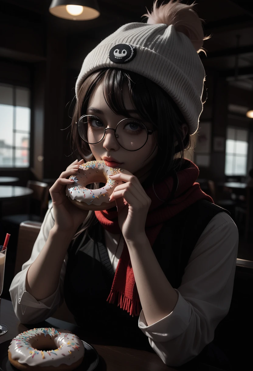 there is a sexy and alluring adorably cute woman that is holding a doughnut in a restaurant, wearing small round glasses, wearing thin large round glasses, cute and adorable white fluffy beanie, red scarf, girl wearing round glasses, thick round spectacles, with square glasses, ulzzang, wearing round glasses, lofi girl aesthetic, with glasses, with black eyeglasses, thick - rimmed glasses, junko enoshima, lofi girl