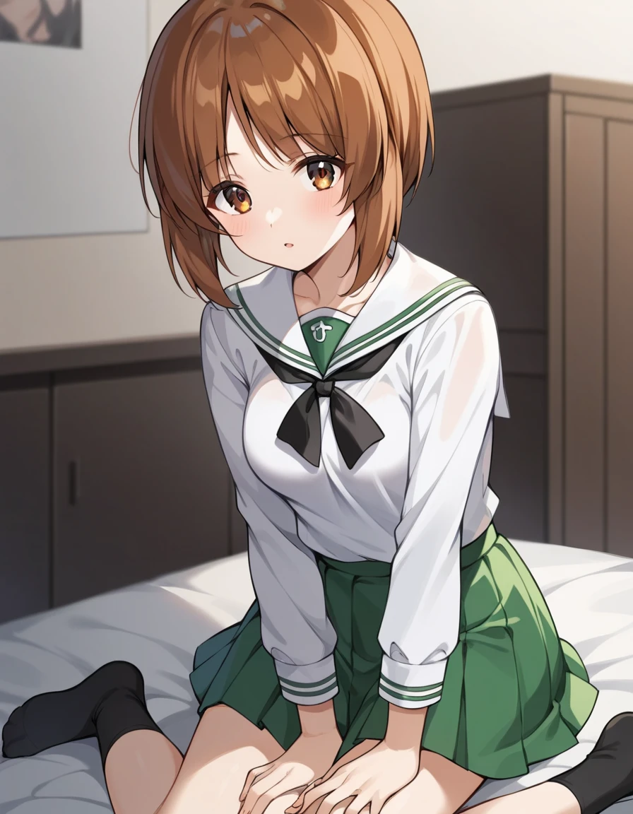 score_9, score_8_up, score_7_up,  source_Anime,  rating_safe, BREAK Nishizumi Miho ,  1 girl, Alone, brown eyes,  short hair, Brown Hair, medium breasts,  Oarai Girls' High School uniform,  white shirt,  black neckerchief holding hands,  Long Sleeve ,  green skirt,  black socks,naked、focus ass、focus pussy,pale skin,Pull down your pants, backspace、 fold legs、 skirt while wearing a diaper、love juice,  clitoris