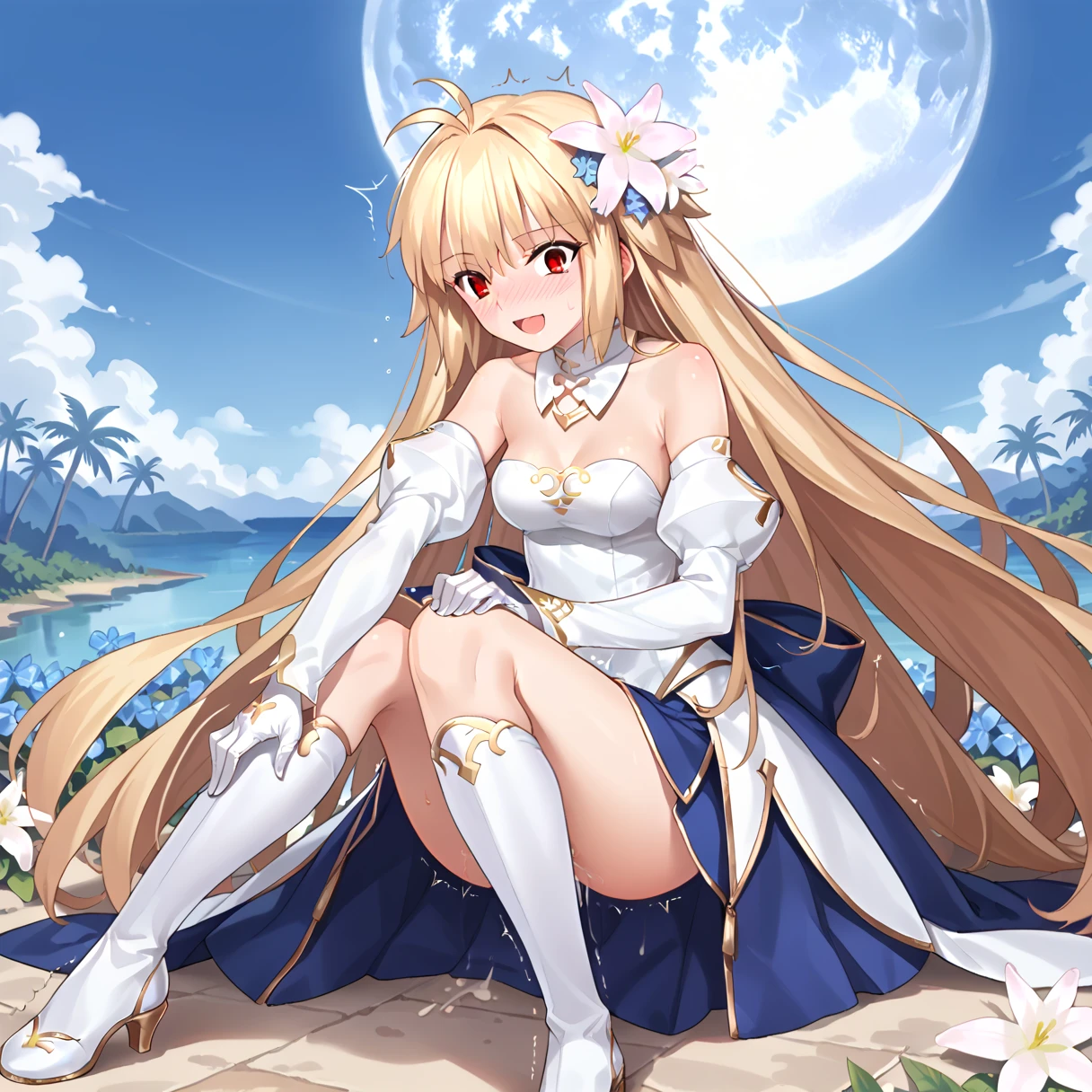  1 girl , Alone, arc_1,  long hair,  red eyes, slit pupils, very  long hair,   antenna hair, bangs,  hair intakes,   dress, Separate sleeves, chest,  gloves, Blonde, Bare shoulders, Blonde,  clevis on a stone,   detached color , white  gloves, strapless  dress, white  dress,   blue skirt,  Gold Trim , Flower Field, ( sitting:1.2),  (At the scene :1.2),  Full Moon ,   knight ,   knight  sky, smile, ( holding her knee:1.2),  watching viewers against a tropical island in the background,
score_9, score_8_up, score_7_up, masterpiece, , Get an orgasm, be coming, body blush, nose blush:1.2, , embarrassed, flustered, orgasm face, sexual climax, bitch, whore, trembling, feeling weak, fucked silly, slut, , hugging own legs, spread legs
