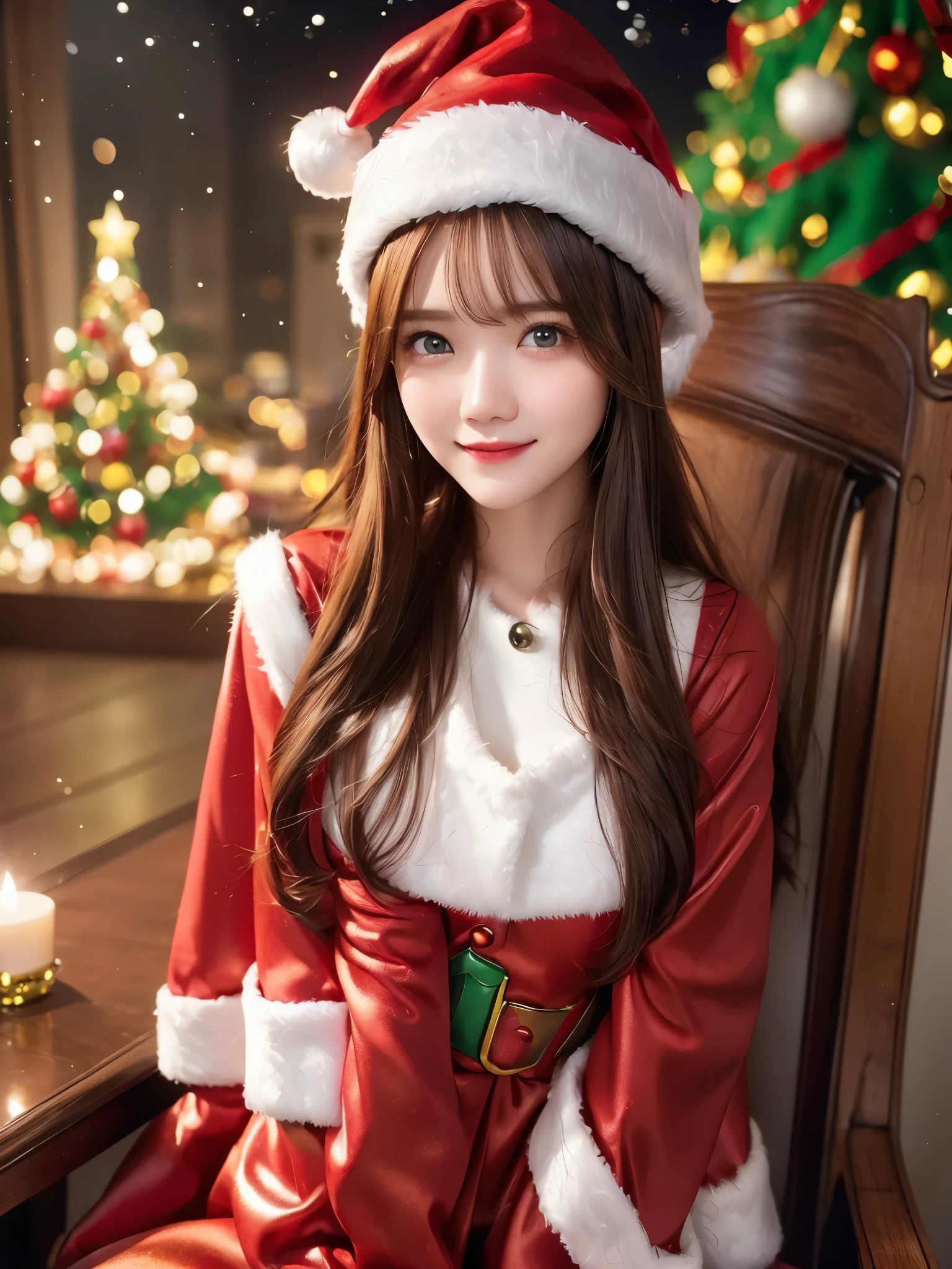  top quality、 super high resolution 、(Photographically: 1.4)、 beautiful eyes、 very beautiful in a chair 、 shiny hair 、Thin hair、 Merry Christmas 、 christmas tree、smile、(( red Santa Claus costume 、Santa hat、Forehead))