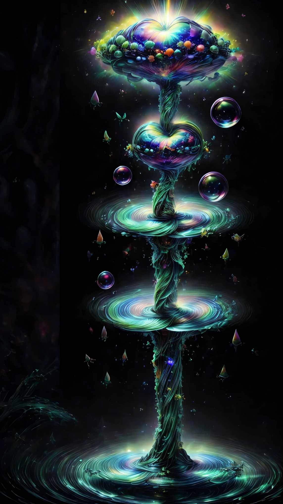 In this dimension colors and shapes change constantly. Psychedelic patterns will appear and disappear or change without warning. Space and time can warp into an optical illusion put through a colidoscope reflected in a funhouse mirror. Reality will bend and twist and spiral out of control here. The sky itself will be change from one neon color to another and will even change textures. The water will change color and thickness and then sometimes change into blood. The water sonetimes takes on a different shape and can join together and lift itself up and away at will. In the end all objects end up perfectly symmetrical spheres 9rbs and bubbles and levitate and orbit around each other. Photorealistic UHD, realism,realistic as hell, cinematic photograph, cinematic portrait,cinematic lighting,cinematography, portrait photography, hyper reality, attention to detail,full focus, nature morphism, crystal,bubble morphism, glass and water morphism,best quality, masterpiece.