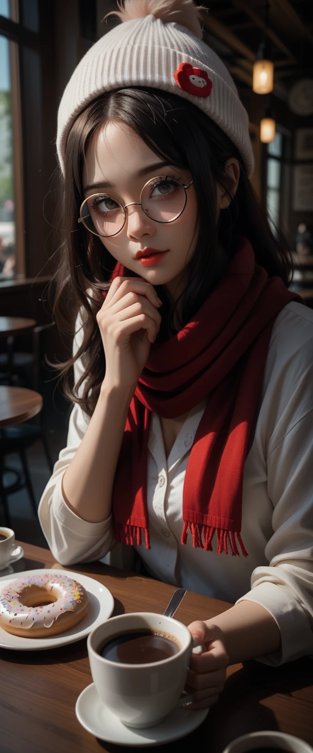 there is a sexy and alluring beautiful and lovely young lady, perfect woman that is holding a doughnut in a cafe with coffee at the table, wearing small round glasses, wearing thin large round glasses, cute and adorable white fluffy beanie, red scarf, girl wearing round glasses, thick round spectacles, with square glasses, ulzzang, wearing round glasses, lofi girl aesthetic, with glasses, with black eyeglasses, thick - rimmed glasses, junko enoshima, lofi girl