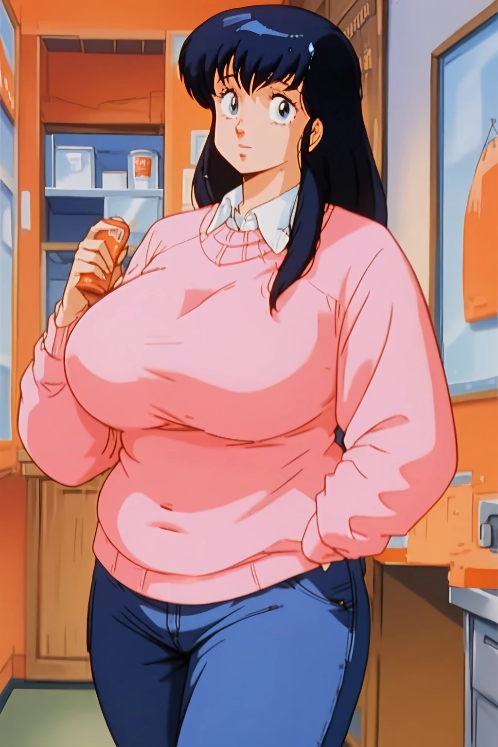 Kyoko Otonashi　, Otonashi Kyoko　,紺色の髪,  long hair, pink sweater, white shirt,Navy blue jeans,  mature woman, score_9,   score_8_up,   score_7_up,   score_6_up,   score_5_up,   score_4_up,     masterpiece   ,   top quality,     very aesthetic ,    absurd,    source_Anime, Anime screencap,    one woman , Alone,   personal   ,  Super huge breasts, (((Super huge クレビス, Super huge , Super huge boob))), Curvy,   chubby ,  Mature Woman,   obese body type, ,  troubled expression,  