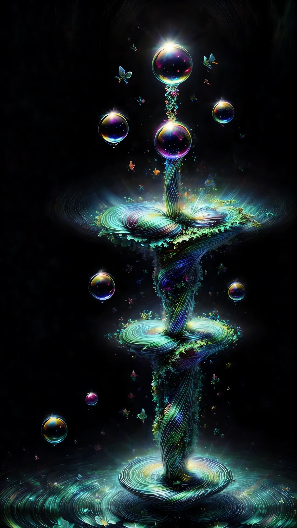 In this dimension colors and shapes change constantly. Psychedelic patterns will appear and disappear or change without warning. Space and time can warp into an optical illusion put through a colidoscope reflected in a funhouse mirror. Reality will bend and twist and spiral out of control here. The sky itself will be change from one neon color to another and will even change textures. The water will change color and thickness and then sometimes change into blood. The water sonetimes takes on a different shape and can join together and lift itself up and away at will. In the end all objects end up perfectly symmetrical spheres 9rbs and bubbles and levitate and orbit around each other. Photorealistic UHD, realism,realistic as hell, cinematic photograph, cinematic portrait,cinematic lighting,cinematography, portrait photography, hyper reality, attention to detail,full focus, nature morphism, crystal,bubble morphism, glass and water morphism,best quality, masterpiece.
