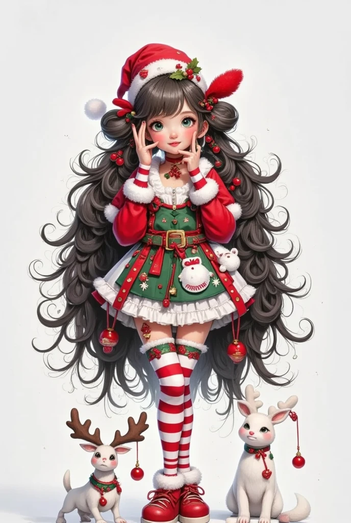 ( in the style of Santiago Caruso:1.1),  Character Concept Design  , cowboys shoot ,
 (red shrug  (clothing)),(Maid Miniskirt ),( Oversized Santa Hat  :2.0)(Head tilt, Blushing face:1.7),(Retro style:1.3),  grey background,Cover your eyes with your hands,
 separations
1 girl ，Alone，,(  Black Incredibly Long Hair ,Big Hair:1.4),(Long hair :1.4), (Small chest:1.5), Wide hips,
