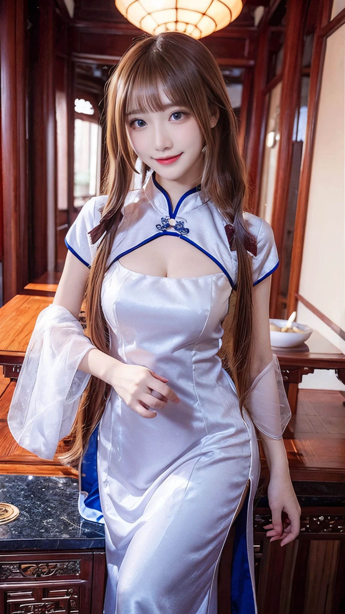   beautiful woman,     Chestnut hair    ,     Beautiful Eyes ,   Smile,  Actual , Full HD,   very beautiful dress  ，Fluffy dress ， curved body，Magnificent view ，Gorgeous decoration，cheongsam，中国发髻