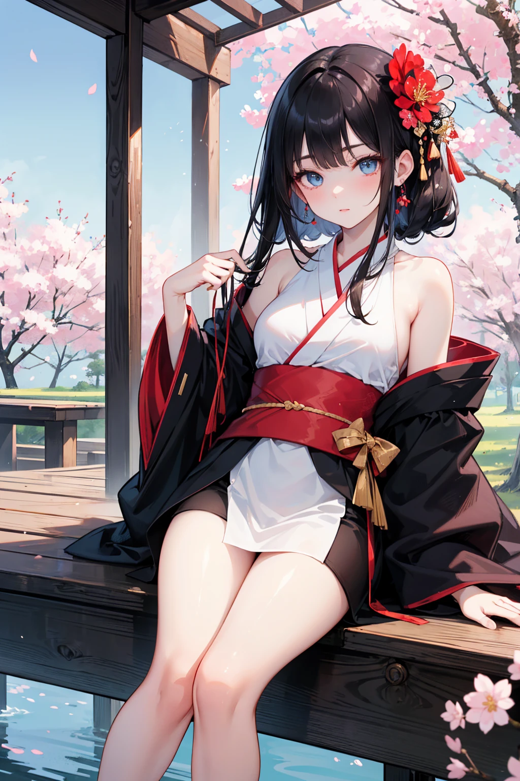 (Little Girl:1.5),(masutepiece, side lights, Dense beautiful gray eyes: 1.2), medium breasts, Realistic, Glowing eyes,Shiny hair,Black hair,Long long hair, Lustrous skin, 独奏, embarrassed from,Strapless,Exquisite,beautifly,a smile,Uniforms,Black Blazer Garden,Flowers,Flying petals, Bare legs, cherry blossom, Cinematic Light, girl,Loose Socks,Cinematic composition, abundant
