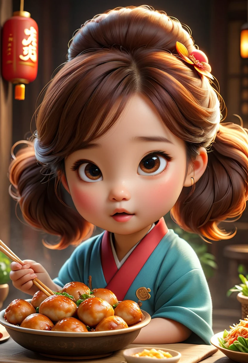 (masterpiece), (best quality), illustration, super detailed, high dynamic range, depth of field, (colorful), ,Xu Lingyin is an online novel《Da Bong beats more people》 chubby girl，Chicken drumstick in hand，（He was laughing and eating chicken drumsticks happily.），Ancient China，Towards the sky braid，The face is very round，small mouth，big eyes，Looks coquettish，Cute personality，Innocent and adorable，Extremely gluttonous，Cartoon，comics，Pixar