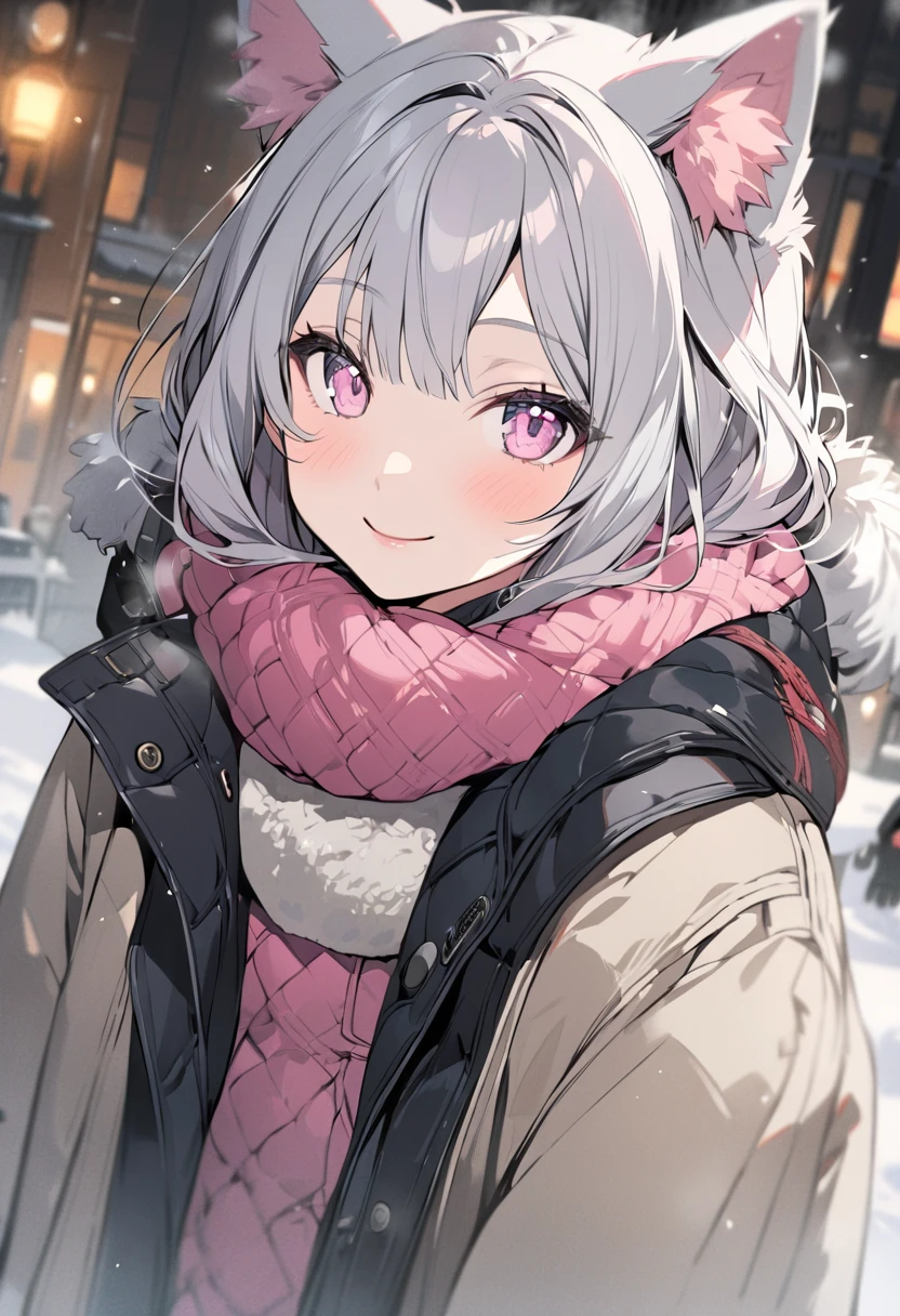 winter,smile,cat ears girl,Gray Hair,pink eyes,muffler,coat,boots, women in their 20s