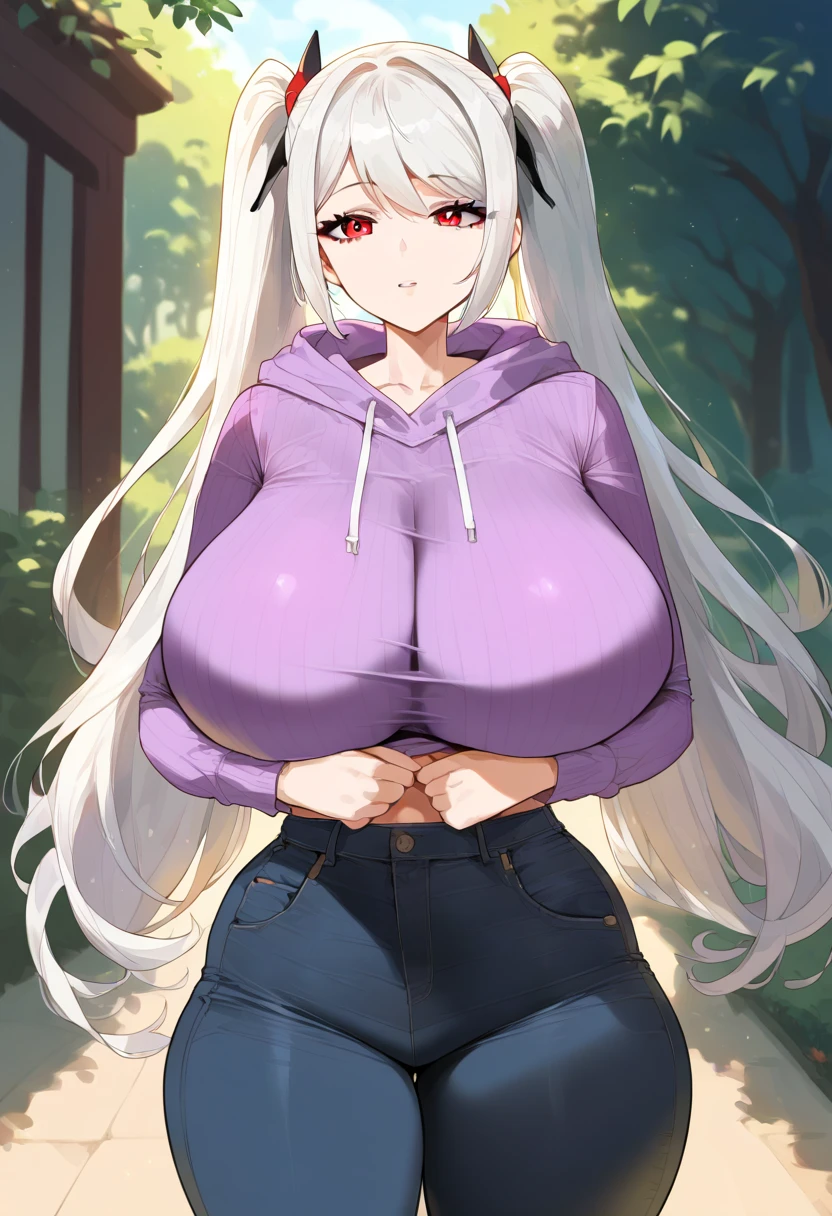 Masterpiece, source_anime, top-quality, perfect anatomically, correct anatomy, sharp focus, 4K,8K, anime girl, 2D,1girl, Cinderella aka Anachiro(Nikke), beautiful face girl, white hair, long hair, twintails, smooth long hair, side swept bangs, eyelashes, red eyes, curvy body, very big breasts, huge breasts, huge breasts:2.0, breast bigger than head, cleavage, thick breasts, thick hips, thick thighs, slim waist, hourglass figure, black jeans, black stretch jeans, purple hoodie, long sleeves, ourdoor, walking, standing, rural road, looking at viewer, emotionless face, front view, close up