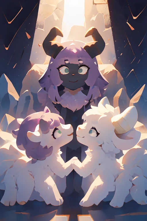  face forwardヤギの女の子の俯瞰図, anthro,  wild goat, female goat , break, white goat head, ( purple hair), Straight bangs,  Trimmed Back Hair ,  green eyes, White body, ( straight black horn),  white goat ears , Fluffy, Joy,  face forward, break,  Darkness, surprise, dusk, The End, melting , The sky splits,  finished