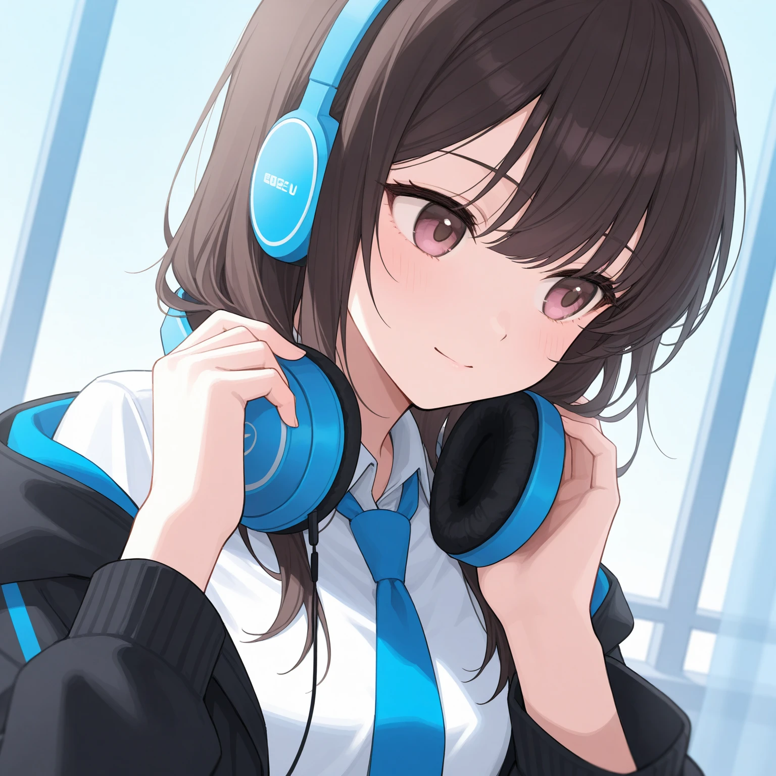 8k, girl wearing headphones and listening to music、 facing the side and a calm atmosphere 、Above the two ties 