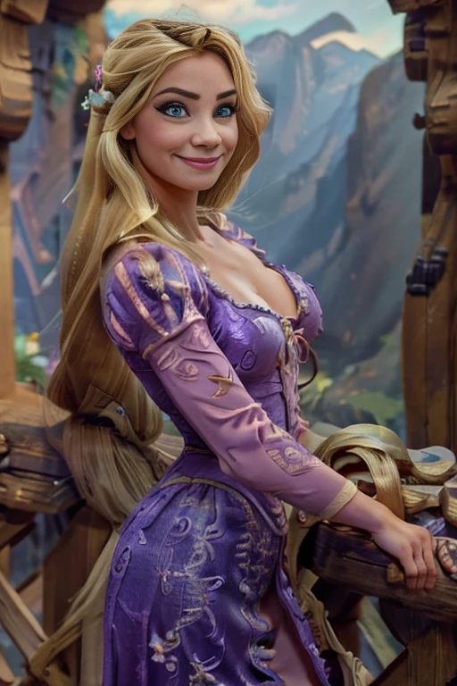 <lora:rapunzel:0.6>rapunzel, 1girl, long hair, breasts, looking at viewer, smile, blonde hair, long sleeves, dress, cleavage, medium breasts, closed mouth, green eyes, collarbone, puffy sleeves, juliet sleeves, purple dress, selfie, frog(masterpiece:1.2), (best quality), (ultra detailed), (8k, 4k, intricate),(full-body-shot:1), (highly detailed:1.2),(detailed face:1.2),(detailed background),detailed landscape, (dynamic angle:1.2), (dynamic pose:1.2),