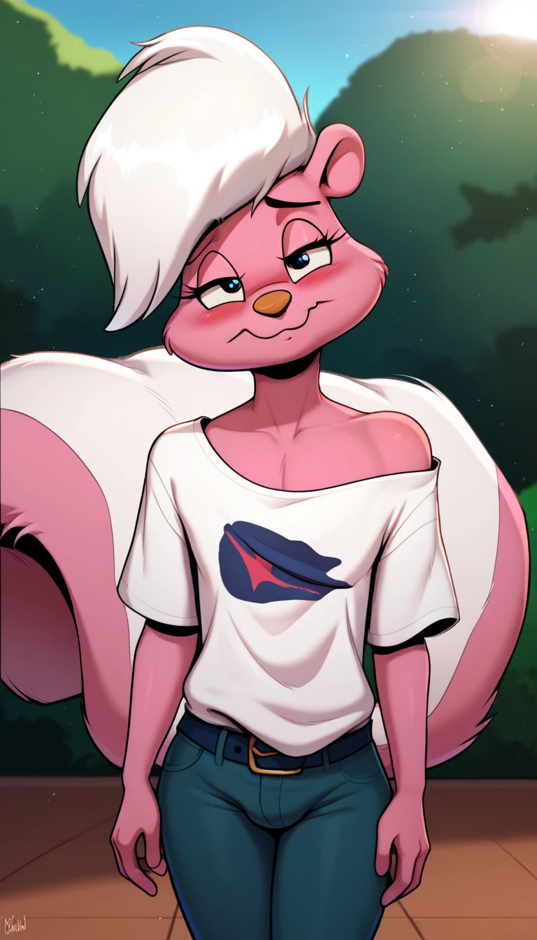 masterpiece, best quality, nervous expression, male, anthro, furry, pink fur, fluffy fur, BREAK, French striped skunk boy, Bimbette, gay furry, gay homophobic skunk, skunk ears, skunk nose, cute eyes, blue eyes, white female eyelids, female eyelashes, skunk tail, white hair, (white hair), solo, (outdoors), sunshine, detailed, big eyes, strong arms, white off-shoulder shirt, blue jeans with a belt on, happy, head tilt, adult (20 years), straight legs, half-closed eyes, blush, looking at the viewer, standing, (kilinah), light particles, score_9, score_8_up, score_7_up, score_6_up, score_5_up, score_4_up