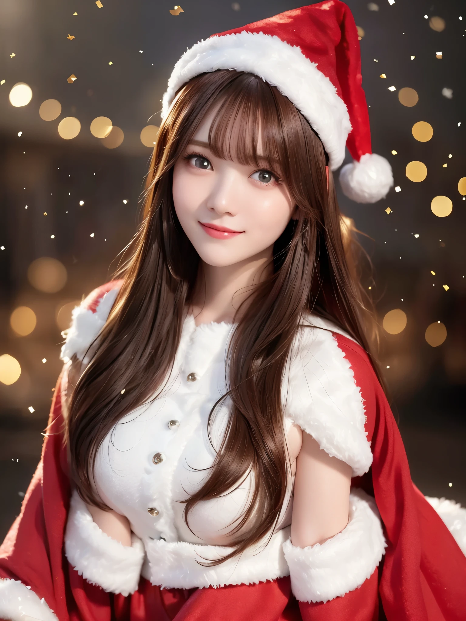  face up、 portrait、 REAL PICTURES、 top quality、 super high resolution 、(Photographically: 1.4)、 beautiful eyes、 very beautiful in a chair 、 shiny hair 、Thin hair、 Merry Christmas 、 christmas tree、smile、(( red Santa Claus costume 、Santa hat、Even bangs))