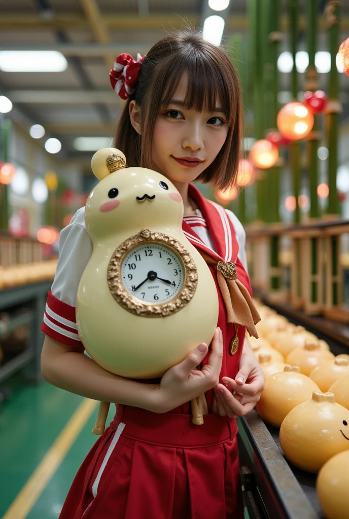 ultra-realistic, photorealistic, dramatic scene, shadow, global-illumination, solo, very beautiful Japanese woman, she is high school student, she works part-time at the factory, very beautiful with very cute but boyish cool face, wearing high school sailor uniform, she is working at the realistic anime-figure factory, She is holding a realistic daikon shaped clock that is being carried on a conveyor belt, Many identical clocks are being carried on a conveyor belt in an orderly fashion, the cute clock that she is holding is 1 daikon\(white porcelain, analog clock, intricated detailing, antique, elegant, daikon radish shaped clock, Meissen, Cibulak, Glossy and smooth surface, large, very cute, smile, chubby, full body\), the factory is gorgeously decorated with bamboo and festive Christmas illuminations, shoot from side