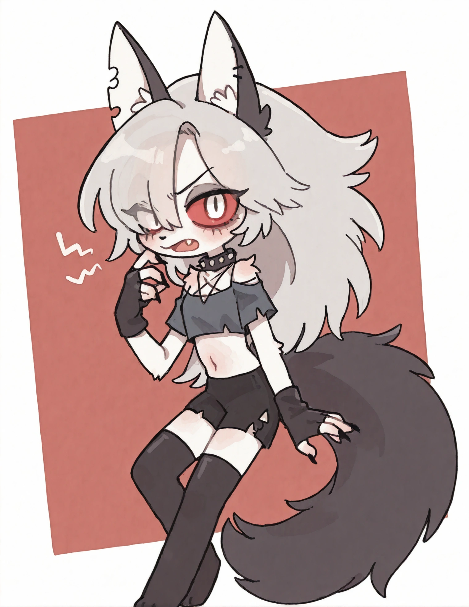 solo,1girl\(cute,chibi,kawaii,big eyes,(red sclera:1.3),(white eyes:1.3), (Loona:1.3), Loona\(Helluva Boss\),hellhound, long muzzle,long hair, Anthro, furry, (transparent hair over one eye:1.3), (fang:1.4), (sharp teeth),(slit eyes:1.3),bored,(full body),(abs:0.8),long nails,detailed face,(detailed fur:1.3),shiny fur, thigh highs, fingerless gloves,Shorts, Crop top,mad,(angry:1.3),gray eyeshadow\).dynamic angle. score_9, score_8_up, score_7_up, score_6_up, score_5_up, score_4_up, source_anime,source_furry,rating_safe,rating_questionable,masterpiece, best quality, perfect anatomy , very aesthetic , absurdres .from side,cute background,from side,(solo:1.3)