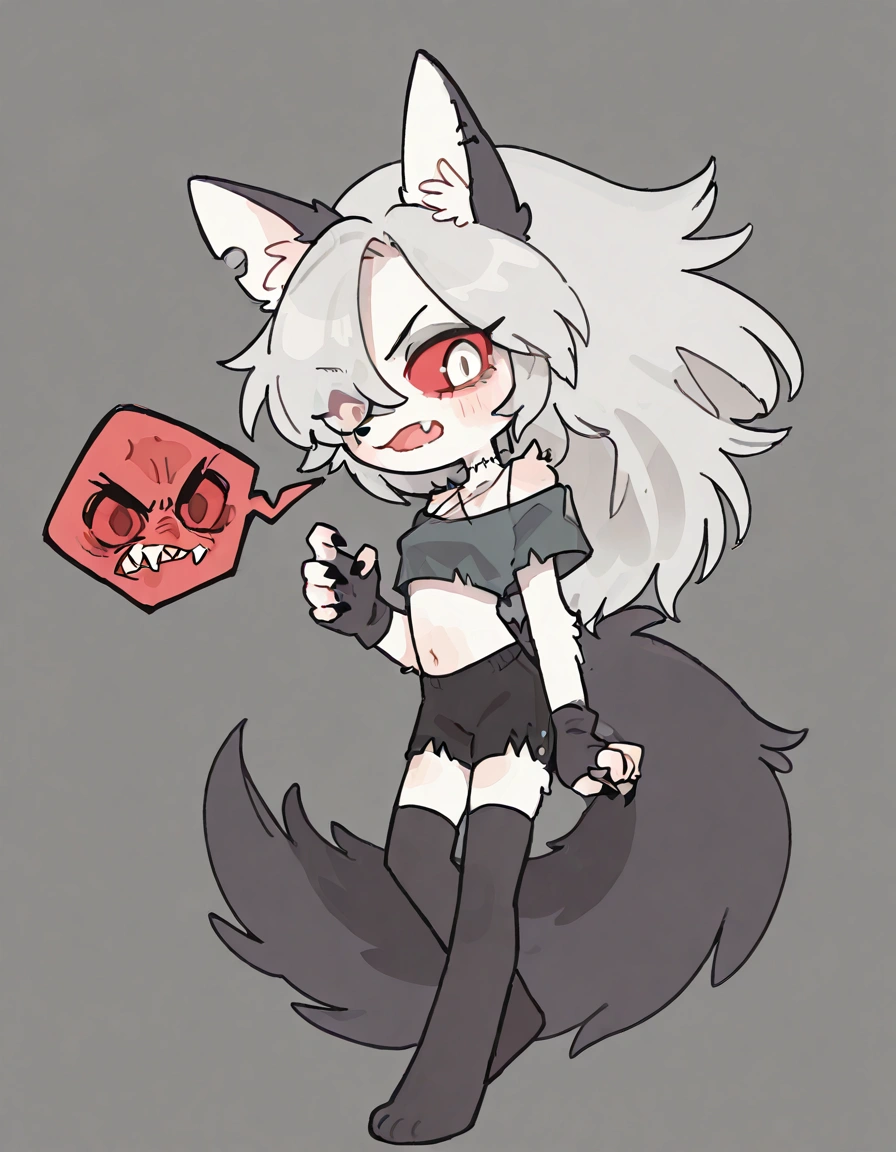 solo,1girl\(cute,chibi,kawaii,big eyes,(red sclera:1.3),(white eyes:1.3), (Loona:1.3), Loona\(Helluva Boss\),hellhound, long muzzle,long hair, Anthro, furry, (transparent hair over one eye:1.3), (fang:1.4), (sharp teeth),(slit eyes:1.3),bored,(full body),(abs:0.8),long nails,detailed face,(detailed fur:1.3),shiny fur, thigh highs, fingerless gloves,Shorts, Crop top,mad,(angry:1.3),gray eyeshadow\).dynamic angle. score_9, score_8_up, score_7_up, score_6_up, score_5_up, score_4_up, source_anime,source_furry,rating_safe,rating_questionable,masterpiece, best quality, perfect anatomy , very aesthetic , absurdres .from side,cute background,from side,(solo:1.3)