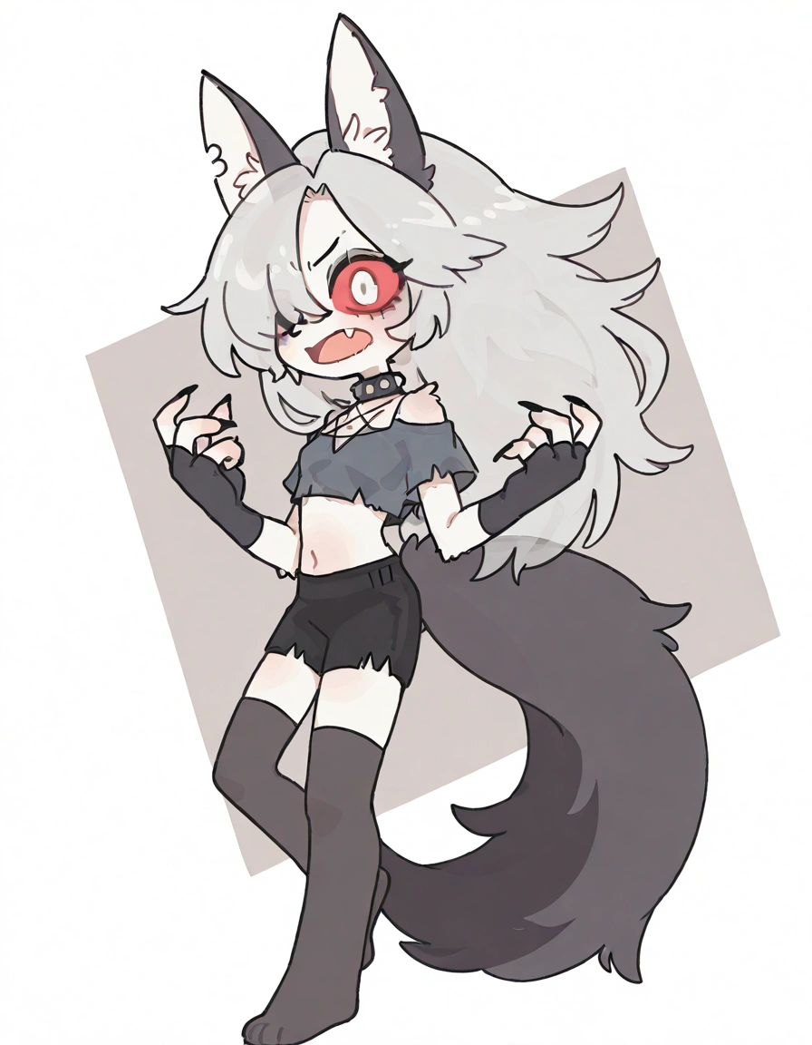 solo,1girl\(cute,chibi,kawaii,big eyes,(red sclera:1.3),(white eyes:1.3), (Loona:1.3), Loona\(Helluva Boss\),hellhound, long muzzle,long hair, Anthro, furry, (transparent hair over one eye:1.3), (fang:1.4), (sharp teeth),(slit eyes:1.3),bored,(full body),(abs:0.8),long nails,detailed face,(detailed fur:1.3),shiny fur, thigh highs, fingerless gloves,Shorts, Crop top,mad,(angry:1.3),gray eyeshadow\).dynamic angle. score_9, score_8_up, score_7_up, score_6_up, score_5_up, score_4_up, source_anime,source_furry,rating_safe,rating_questionable,masterpiece, best quality, perfect anatomy , very aesthetic , absurdres .from side,cute background,from side,(solo:1.3)