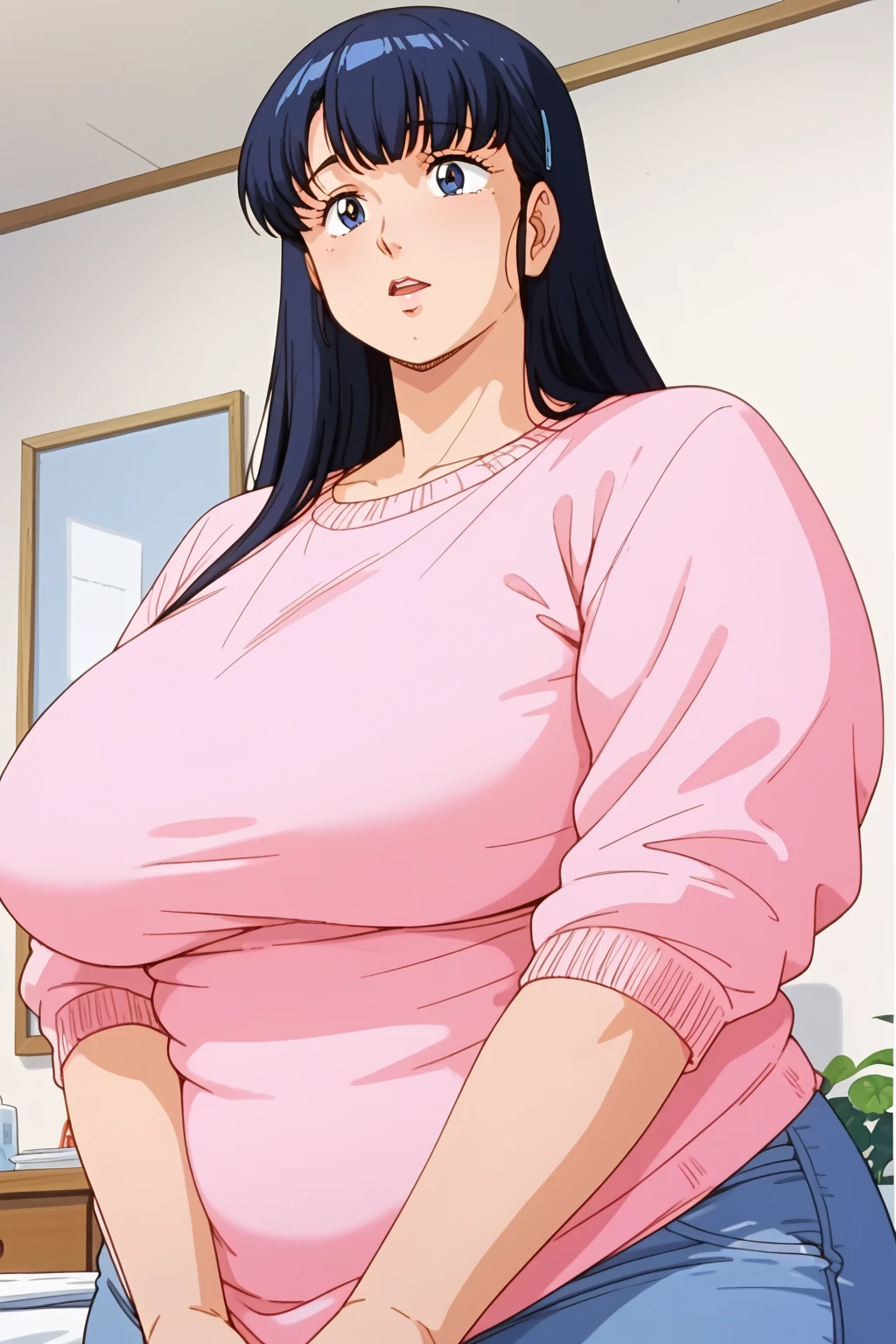 Kyoko Otonashi, Otonashi Kyoko,  long hair,紺色の髪,  pink sweater, white shirt,Navy blue jeans,  mature woman, score_9,   score_8_up,   score_7_up,   score_6_up,   score_5_up,   score_4_up,     masterpiece   ,   top quality,     very aesthetic ,    absurd,    source_Anime, Anime screencap,    one woman , Alone,   personal   ,  Super huge breasts, (((Super huge クレビス, Super huge , Super huge boob))), Curvy,   chubby ,  Mature Woman,   obese body type, ,  troubled expression,  