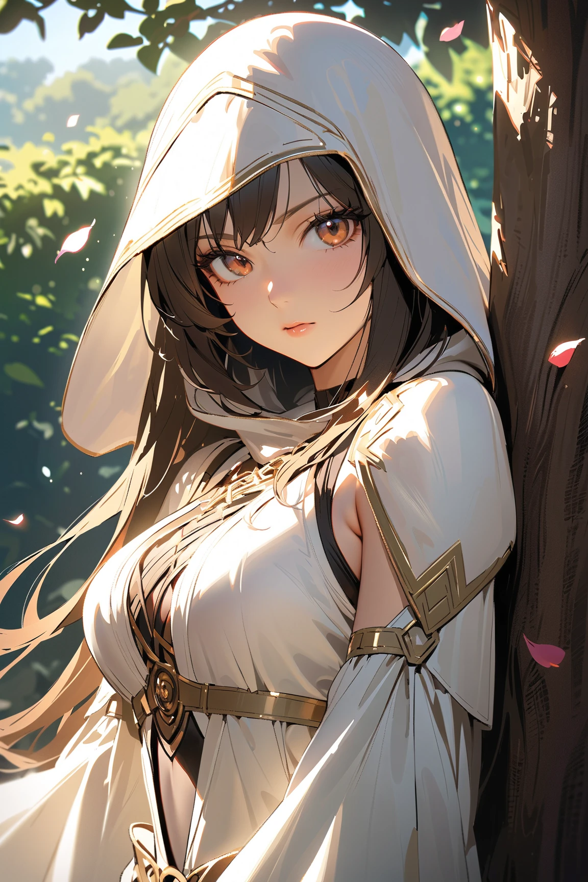 Masterpiece, 1girl, anone, smile, A powerful shaman stands in a clearing, surrounded by the spirits of nature. She wears a cloak of feathers and fur. Next to her a staff adorned with bones and crystals , sultry look, seductive,
