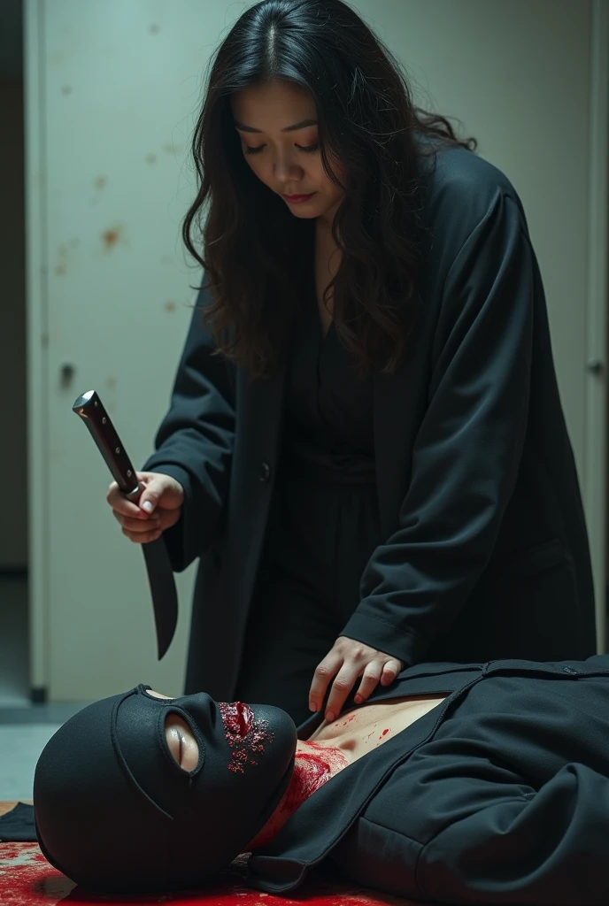korean girl, (behind corpse, surgical mask), holding knife, stabbing, black leather gloves, room full of blood, black trench coat, bucket hat, holding knife, black gloves, behind corpse, blood splatter, very long hair, night, mass murderer, robbery, in the torture chamber, execution,