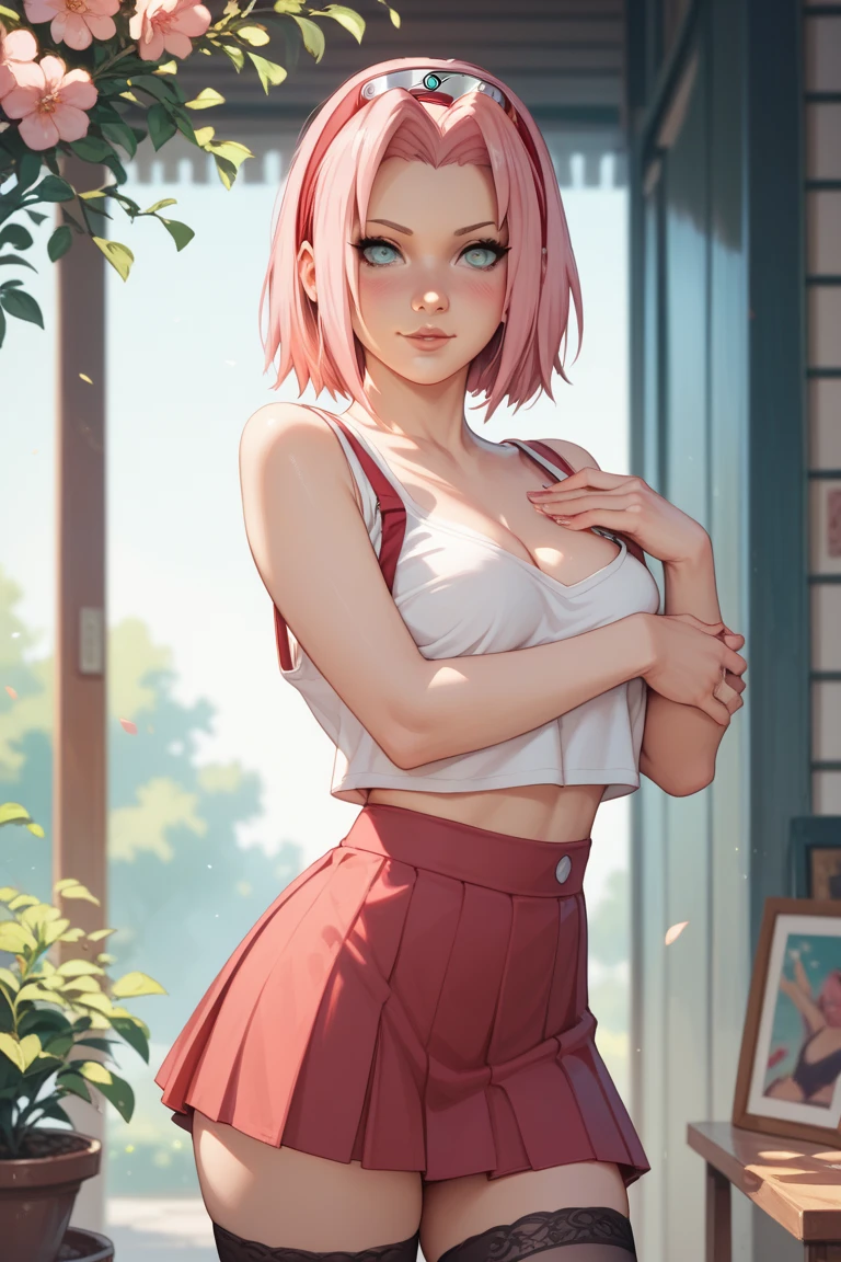Amazing portrait of a sexy and cute woman who is tall and thin with her hair tied in a low ponytail as she seductively gazes and smiles at us with her perfect pink lips blushing hard as she poses seductively showcasing her sexy thin body with medium chest and curvy hips and long legs in a baggy grey t shirt with pink graphics and white baggy pants with pink leopard print