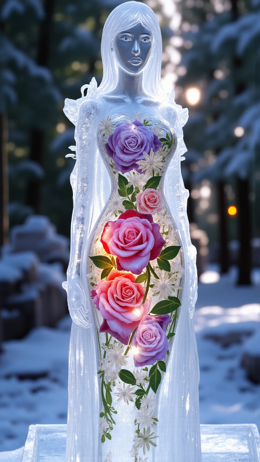 Craft a striking ice sculpture of a woman, embodying grace and realism. Her figure stands modestly, with gentle features that reflect a serene expression. Embedded within her ice form are vibrant roses and delicate orchids, their colors softly visible through the frost. The sculpture captures the essence of femininity and nature, with a warm glow filtering through the ice, creating a tranquil ambiance. This piece symbolizes the beauty of a real woman, harmoniously intertwined with the flowers that represent her strength and grace.