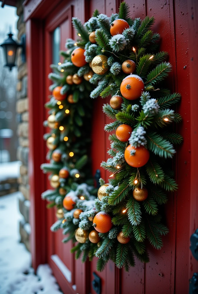 closeup Christmas wreath with lights and oranges and gold chrismass balls on red doors in snow