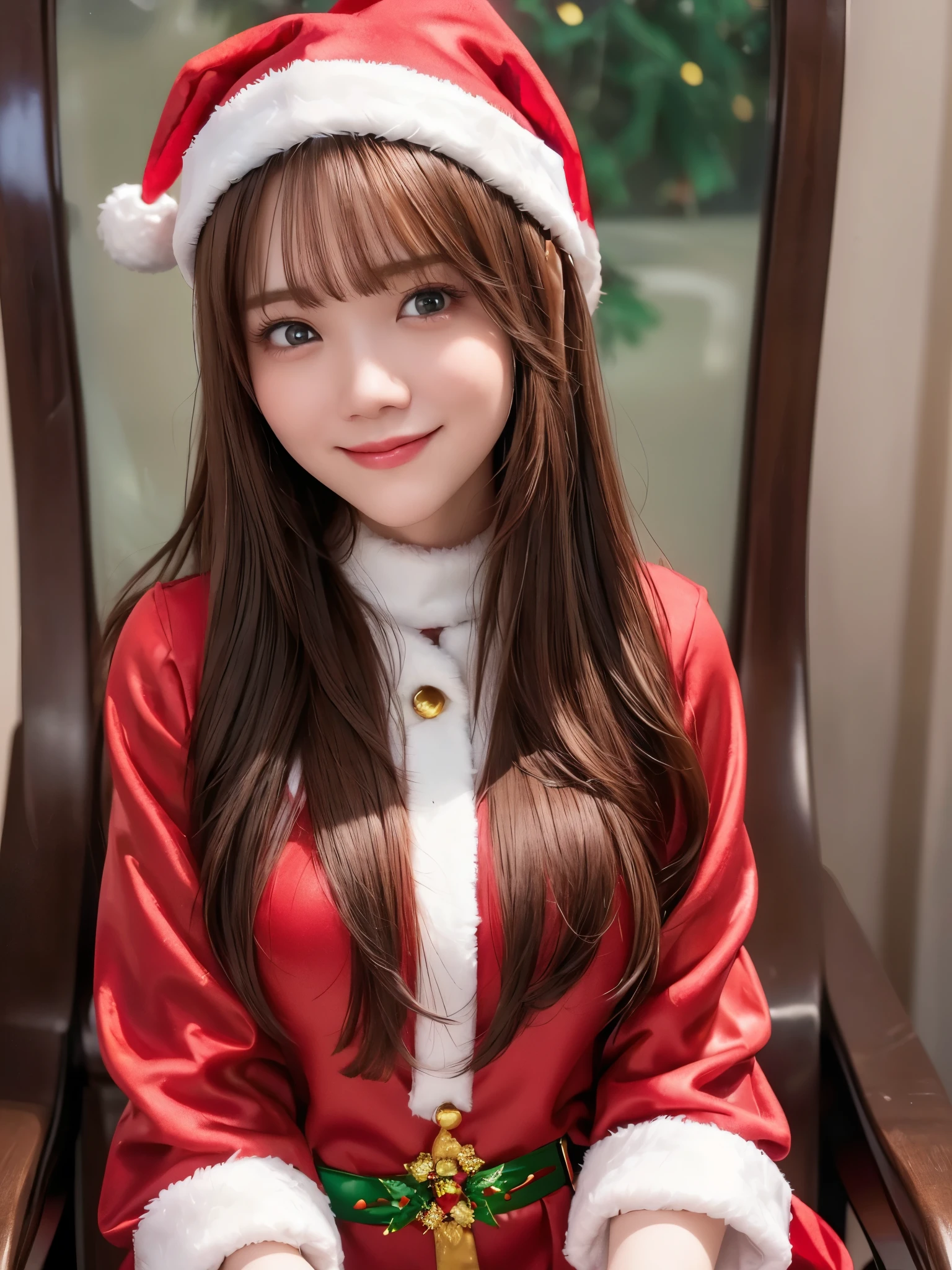 (This smiling face、 face up)、 portrait、 REAL PICTURES、 top quality、 super high resolution 、(Photographically: 1.4)、 beautiful eyes、 very beautiful in a chair 、 shiny hair 、Thin hair、 Merry Christmas 、 christmas tree、(( red Santa Claus costume 、Santa hat、Even bangs))