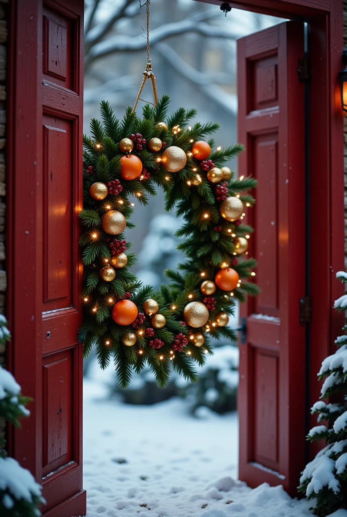 closeup Christmas wreath with lights and oranges and gold chrismass balls on red doors in snow