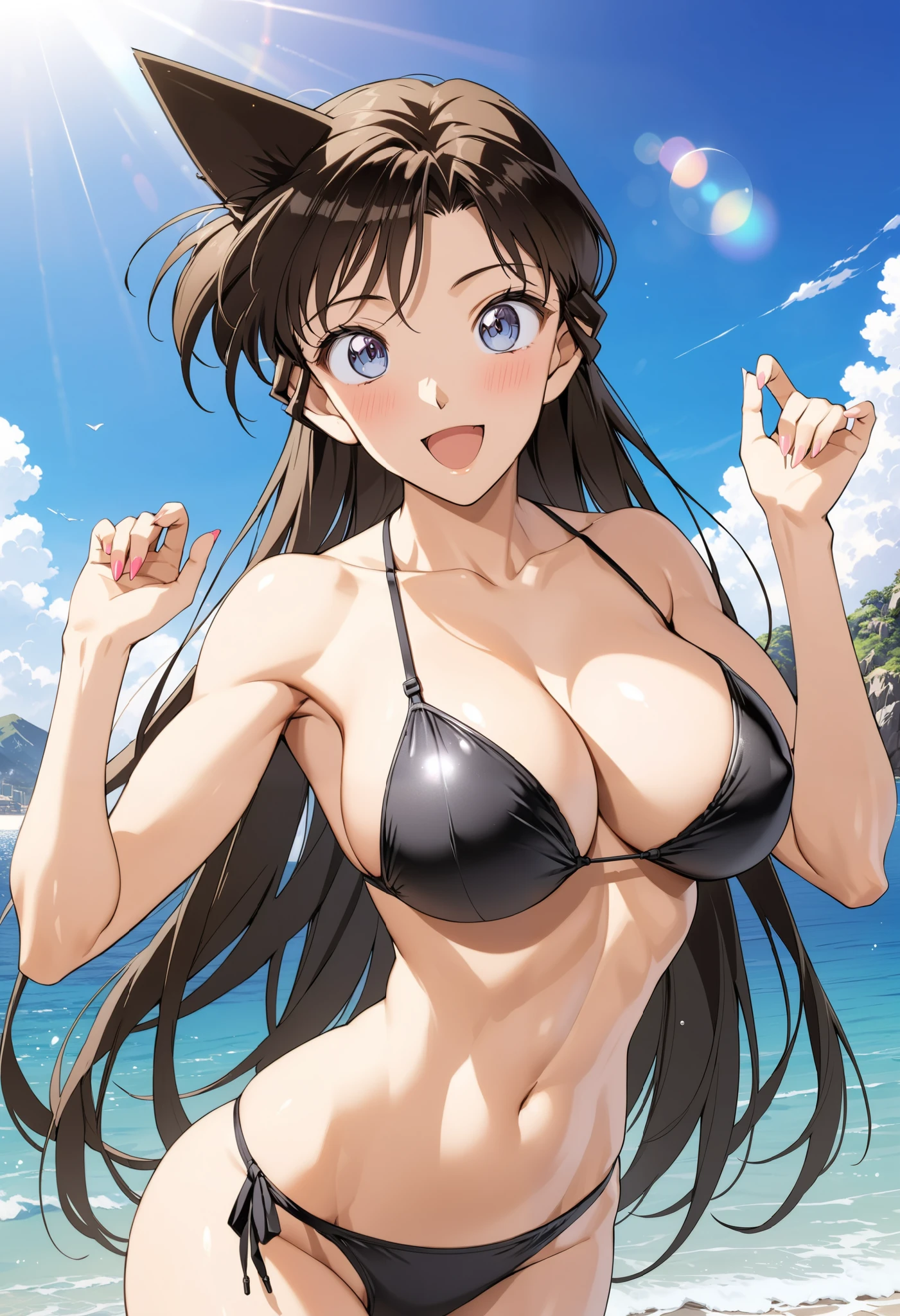 masterpiece, Best Quality, High resolution,16k,official art,super detailed skin,detailed,animated painting,Anime-style painting style, 1990s \(style\),(F cup beautiful breasts)、25years old, (tall:1.2),height: 175cm,Fashion model body type,athletic muscular,
mouri ran, 1girl, solo, smile, brown hair, blue eyes, long hair, open mouth, breasts, lens flare, medium breasts,sexy black swimwear, (mouri ran),sexy,(ahegao,vulgarity:1.1),blush,shy,cowboy shot, looking at viewer, sexy pose, sea, outdoors, sunlight,superfine,extreme closeup shot