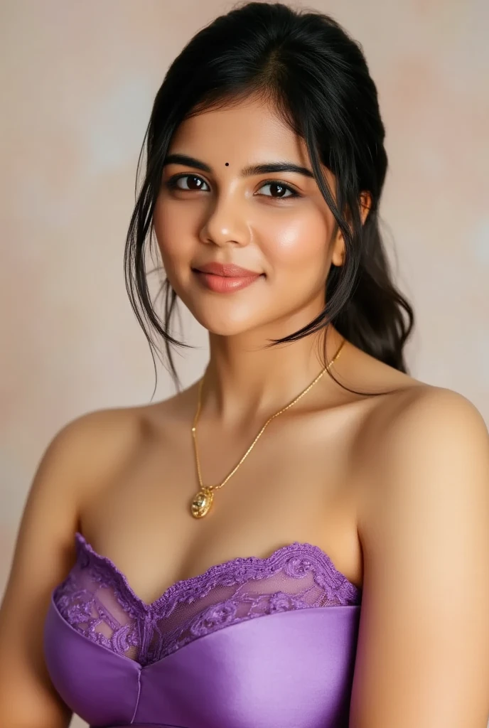 extreme close up photo of naked indian, curvy, in bathroom, showing her purple lace bra and saree just removed, necklace, sultry, look at viewer with smile, black ponytail, (cinematic:1.3), intricate details, (ArtStation:1.2), cum face,