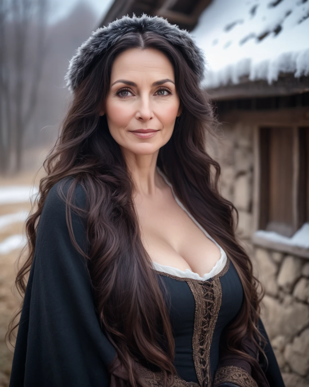 a portrait photograph of a pretty mid-age female, beautiful realistic photo, Look at 4K highly detailed art,  blush,  Big Breasts , look up, medieval European rural woman with dark hair,   very long hair,  widow、Mourning clothes、 Seductive Smile, harsh winter background