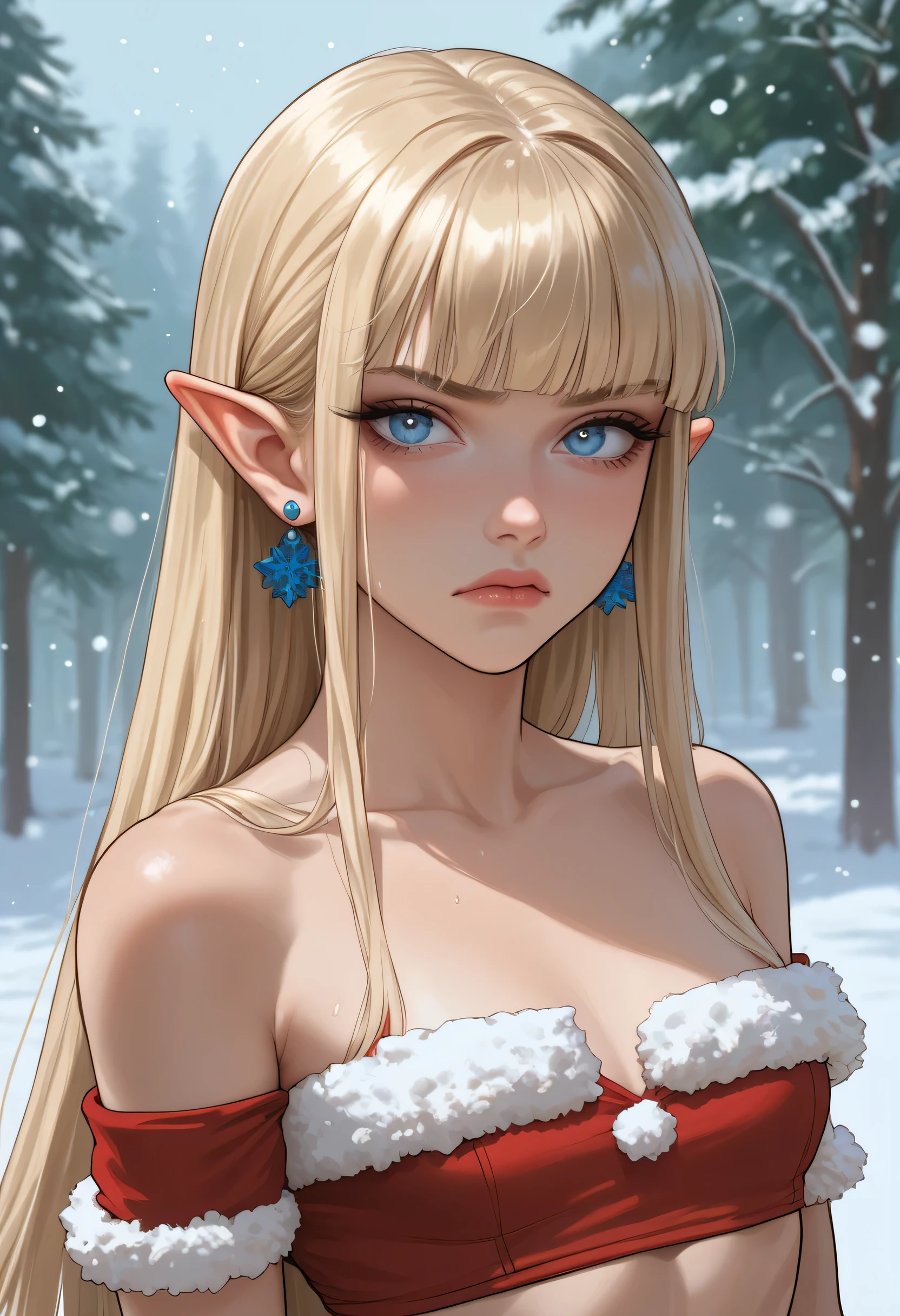 1girl, annoyed expression, (light blue brillant eyes), EARRINGS, pointed ears, rubor, makeup, (Santa Claus cropped top, small breast) BLONDE HAIR, hime cut, looking at viewer, Snow and cold, (Slim Body), portrait. score_9, score_8_up, score_7_up. 