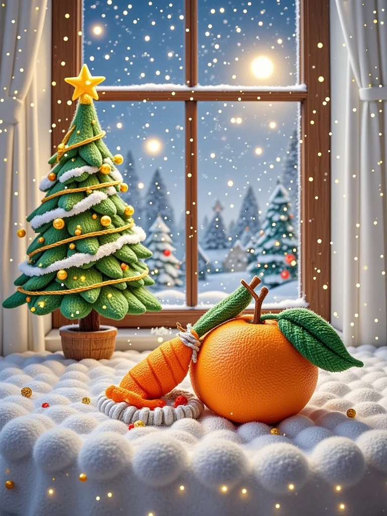 A beautiful orange tangerine is lying on the table. on the right, the window , snowfall, Sun, white curtains, On the left is a Christmas tree ,  garland lights , Beautiful table, Painted in watercolor.