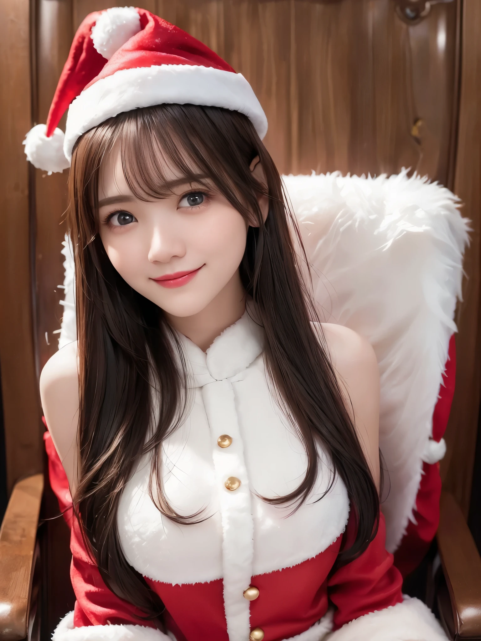 (This smiling face、 face up)、 portrait、 REAL PICTURES、 top quality、 super high resolution 、(Photographically: 1.4)、 beautiful eyes、 very beautiful in a chair 、 shiny jet black hair 、Thin hair、 Merry Christmas 、 christmas tree、(( red Santa Claus costume 、Santa hat、Forehead))