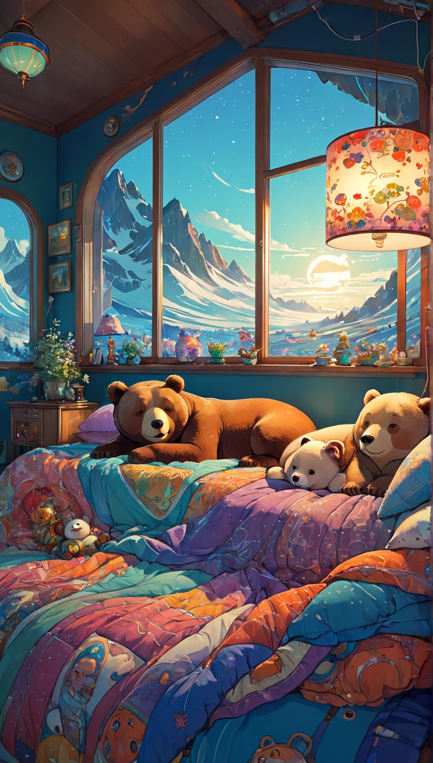 Cute Illustration, Bear Family: Animal:sleeping:cute:huddle together:sleep:Comfortable and warm:looks happy, Illustration, pop,colorful, draw thick lines,color,Dim,lamp light.: dream of happy dreams,The house is warm and full of happiness, color ful,exquisite, fantasy,patchwork:blanket,Details,fluffy,Randolph Caldecott style, unreal engine, greg rutkowski, loish, rhads, beeple, makoto shinkai and lois van baarle, ilya kuvshinov, rossdraws, tom bagshaw, alphonse mucha, global illumination, detailed and intricate environment