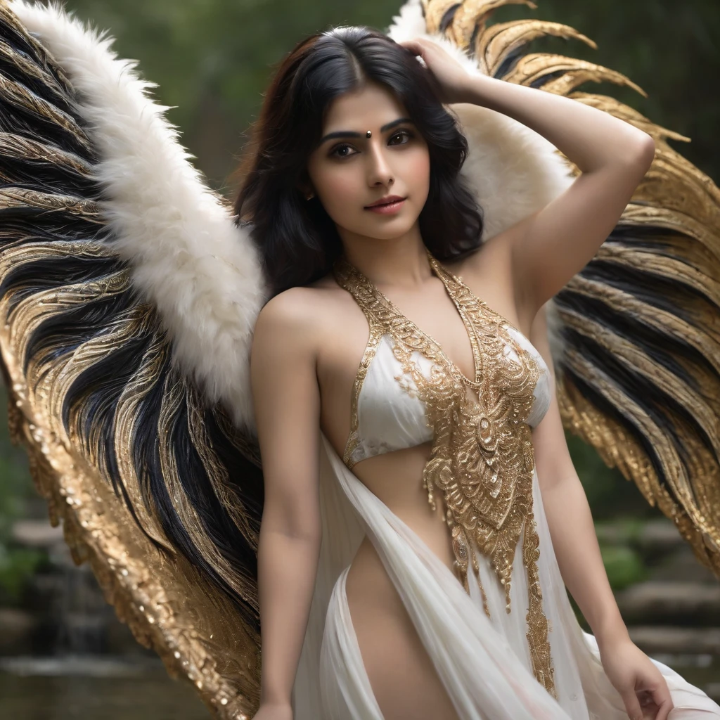 A teenage pakistani girl, her full body exposed in a sensual pose, from her delicate face to her slender feet. She is adorned with the majestic wings of a phoenix, its fiery plumage a striking contrast to her pale skin. Her eyes, a deep, mysterious black, seem to hold a secret, and her dark eyelashes frame them perfectly. Her lips are plump and inviting, and her skin is smooth and unblemished, with a subtle sheen that hints at her youth. She wears a stunning, high-necked, round-cupped bra in a size DD-36, accentuating her curves. Her nipples are tight and prominent, and her breasts are full and luscious. Her long, silky black hair cascades down her back like a waterfall, and her delicate features are set off by a beautiful, intricate throw blanket. Her shy, vulnerable expression adds a touch of innocence to her otherwise seductive pose, inviting the viewer to gaze upon her beauty. The netted, silky fabric of her dress drapes elegantly across her body, highlighting her curves and creating a sense of tension and anticipation. The overall effect is one of breathtaking, sensual beauty, as if she is a mythical creature come to life, and the viewer