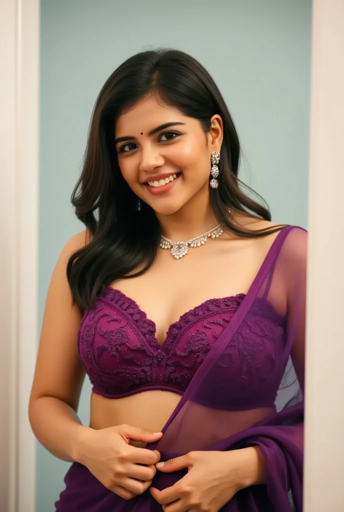 photo of  indian, curvy, in bathroom, showing her purple lace bra and saree just removed, necklace, sultry, look at viewer with smile, black ponytail,  full body view, 