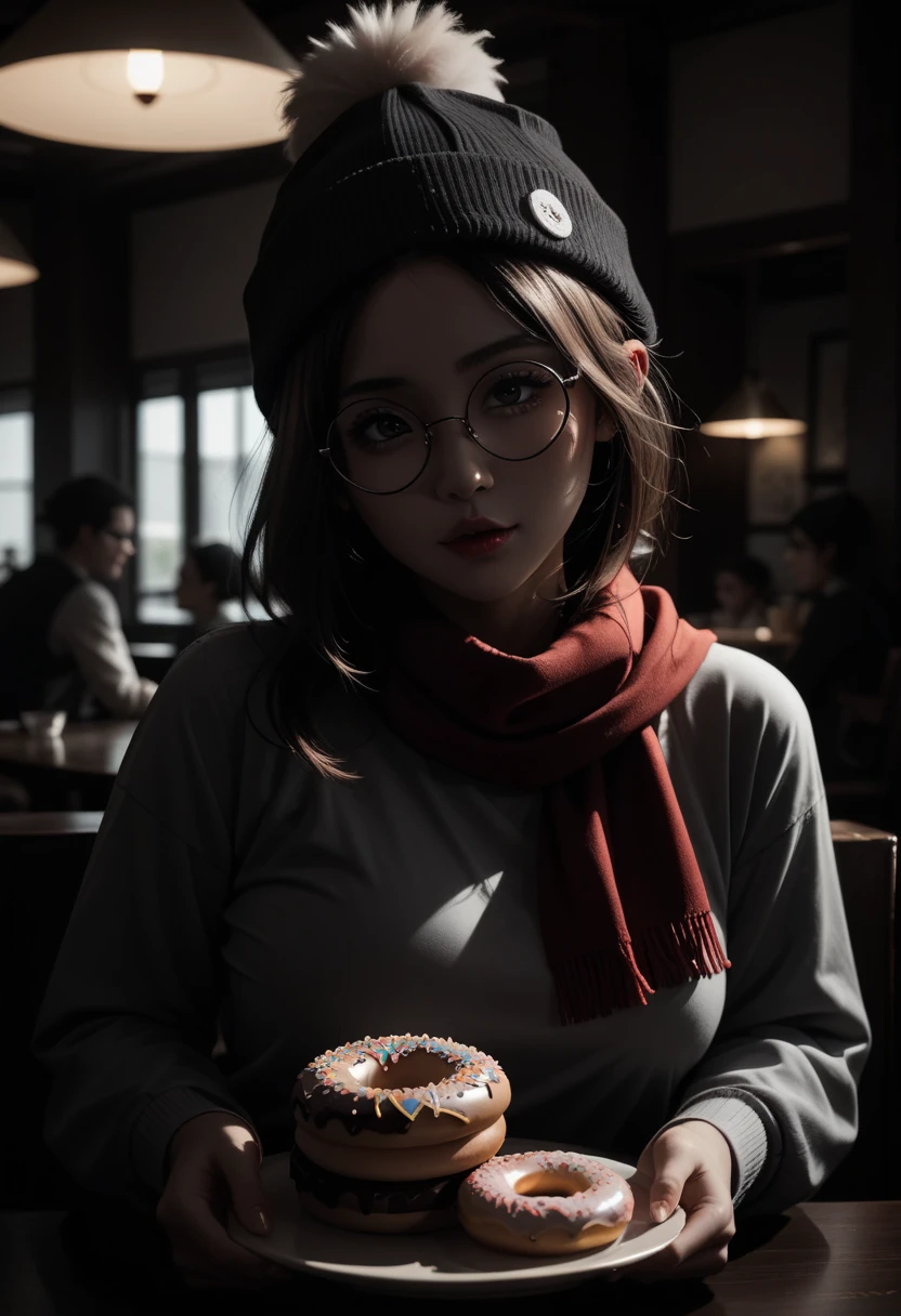 there is a sexy and alluring adorably cute woman that is holding a doughnut in a restaurant, wearing small round glasses, wearing thin large round glasses, cute and adorable white fluffy beanie, red scarf, girl wearing round glasses, thick round spectacles, with square glasses, ulzzang, wearing round glasses, lofi girl aesthetic, with glasses, with black eyeglasses, thick - rimmed glasses, junko enoshima, lofi girl