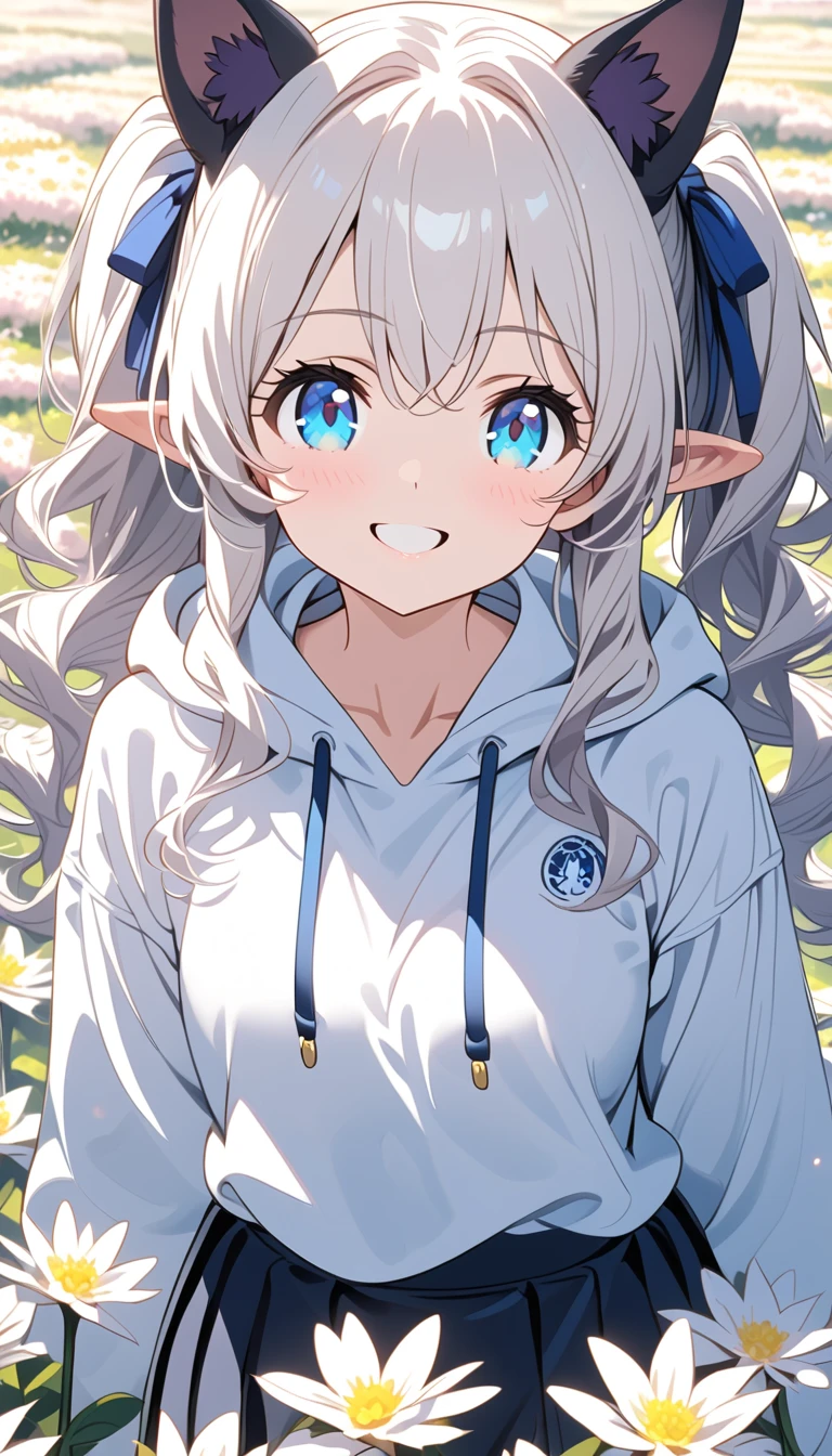 {{{masterpiece}}}, {{{ top quality}}}, {{ Ultra Details}}, { beautiful,  detail eyes},  1 girl , Alone, ((White Hair)),  long hair, pigtails, (( blue eyes)), (wavy hair ), (pattsun maegami),  , (かわいい white hoodie ), Black Lop Ears ,,( cute black long skirt),smile,tooth,pattsun maegami,Midea, white hoodie ,Sapphire eyes,Flower Field
