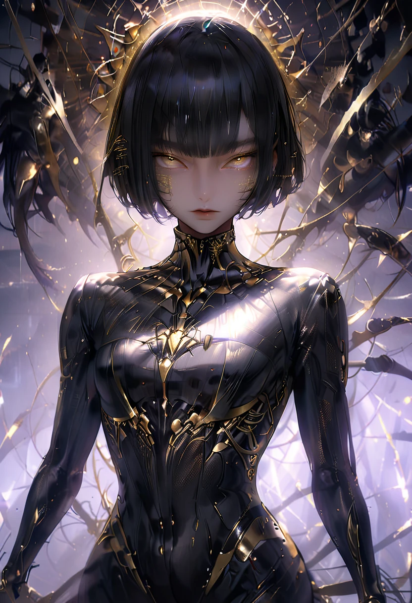 solo, female, sfw, Black hair, sleek and straight hair, chin-length bob cut, slightly tousled bangs framing her face, edges of her hair are subtly infused with metallic threads, shimmering hair, slit pupils, amber-gold iris, augmented eyes, Smooth skin, tan, faint silvery veins visible just beneath the surface of her skin, skin illuminated from within, Lean, athletic, long limbs, arachnid mechanical legs, confident stance, Eight slender mechanical legs jutting from behind her back, small glowing nodes scattered across her, cybernetic enhancements, medium shot