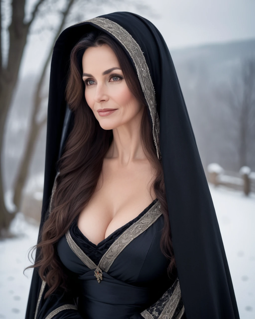 a portrait photograph of a pretty mid-age female, beautiful realistic photo, Look at 4K highly detailed art,  blush,  Big Breasts , look up, medieval European rural woman with dark hair,   very long hair,  widow、Mourning clothes、 Seductive Smile, Black Robe、Veil、harsh winter background