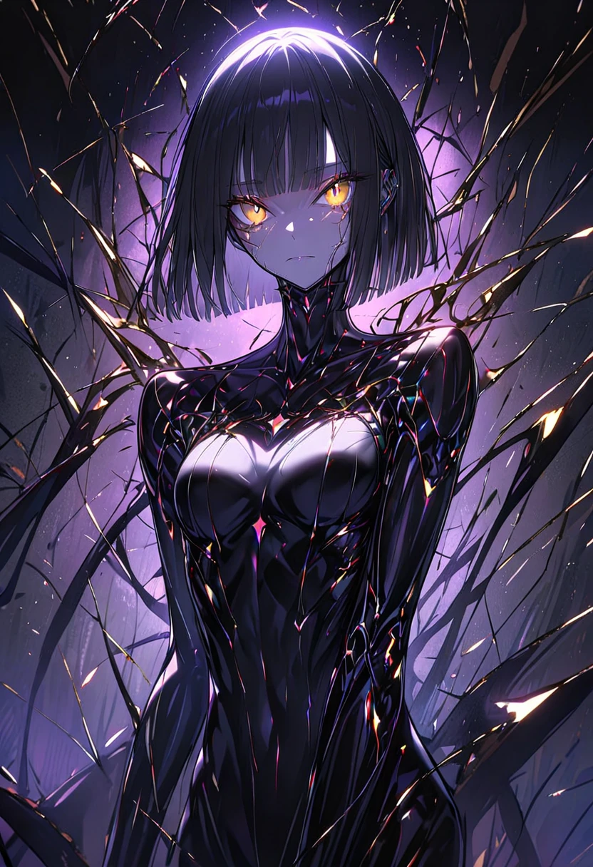 solo, female, sfw, Black hair, sleek and straight hair, chin-length bob cut, slightly tousled bangs framing her face, edges of her hair are subtly infused with metallic threads, shimmering hair, slit pupils, amber-gold iris, augmented eyes, Smooth skin, tan, faint silvery veins visible just beneath the surface of her skin, skin illuminated from within, Lean, athletic, long limbs, arachnid mechanical legs, confident stance, Eight slender mechanical legs jutting from behind her back, small glowing nodes scattered across her, cybernetic enhancements, medium shot